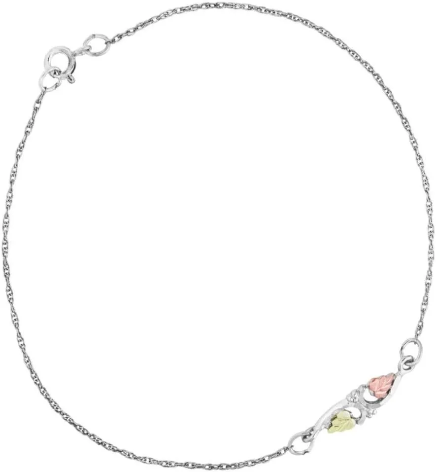 Sterling Silver Black Hills Gold Leaf Ankle Bracelet, 12k Rose and Green Gold