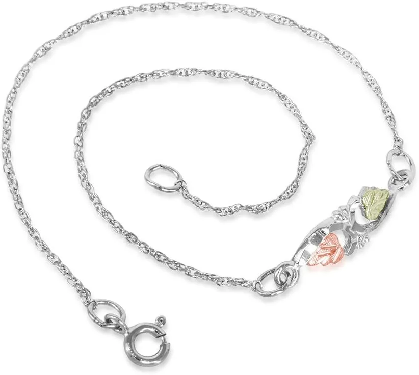 Sterling Silver Black Hills Gold Leaf Ankle Bracelet, 12k Rose and Green Gold