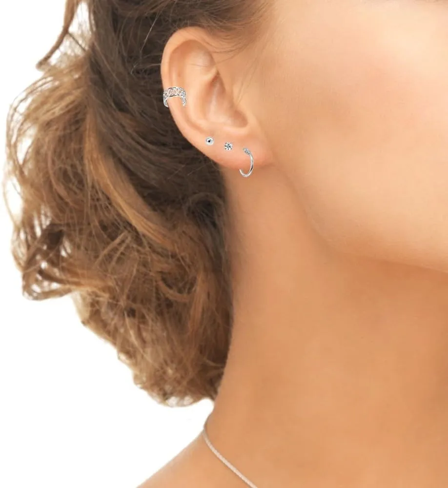 Sterling Silver Unisex 12mm Small Hoops, 3mm Round Ball & CZ Stud Earrings Set Combos, Choice of Set and Metal