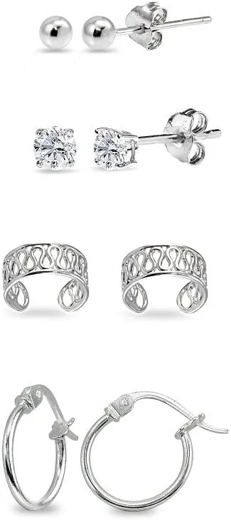Sterling Silver Unisex 12mm Small Hoops, 3mm Round Ball & CZ Stud Earrings Set Combos, Choice of Set and Metal