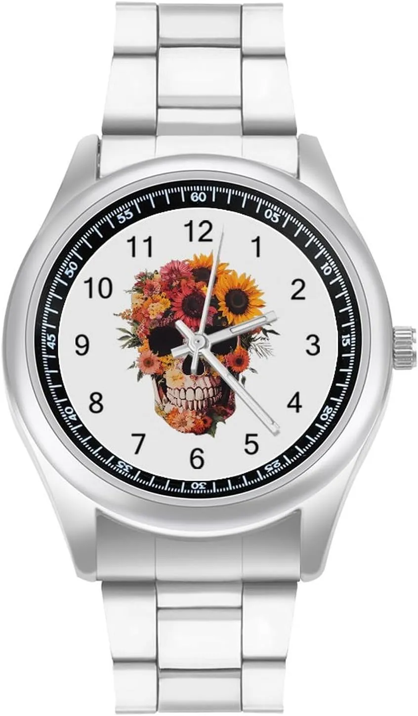 Sugar Skull Flowers Stainless Steel Strap Simple Business Watches for Men Easy Reader Work Casual Watch
