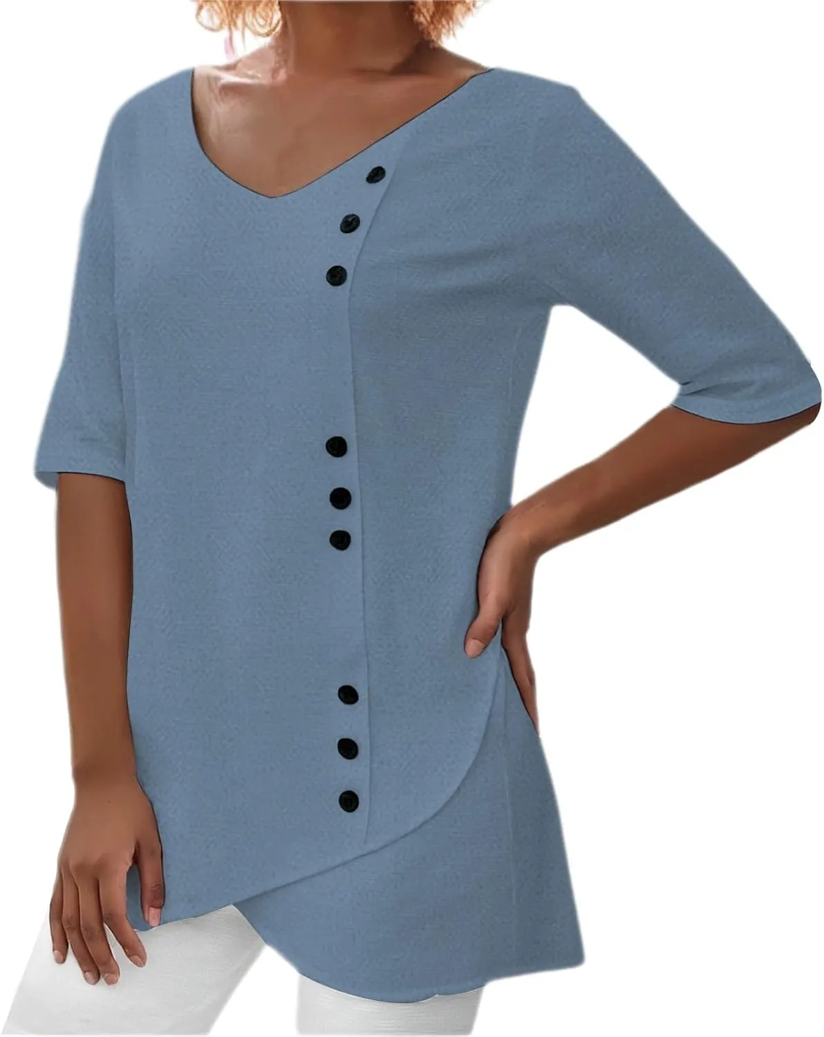 Summer Linen Shirt for Women V Neck Short Sleeve Irregular Hem Top Casual Loose Linen Blouse Tops