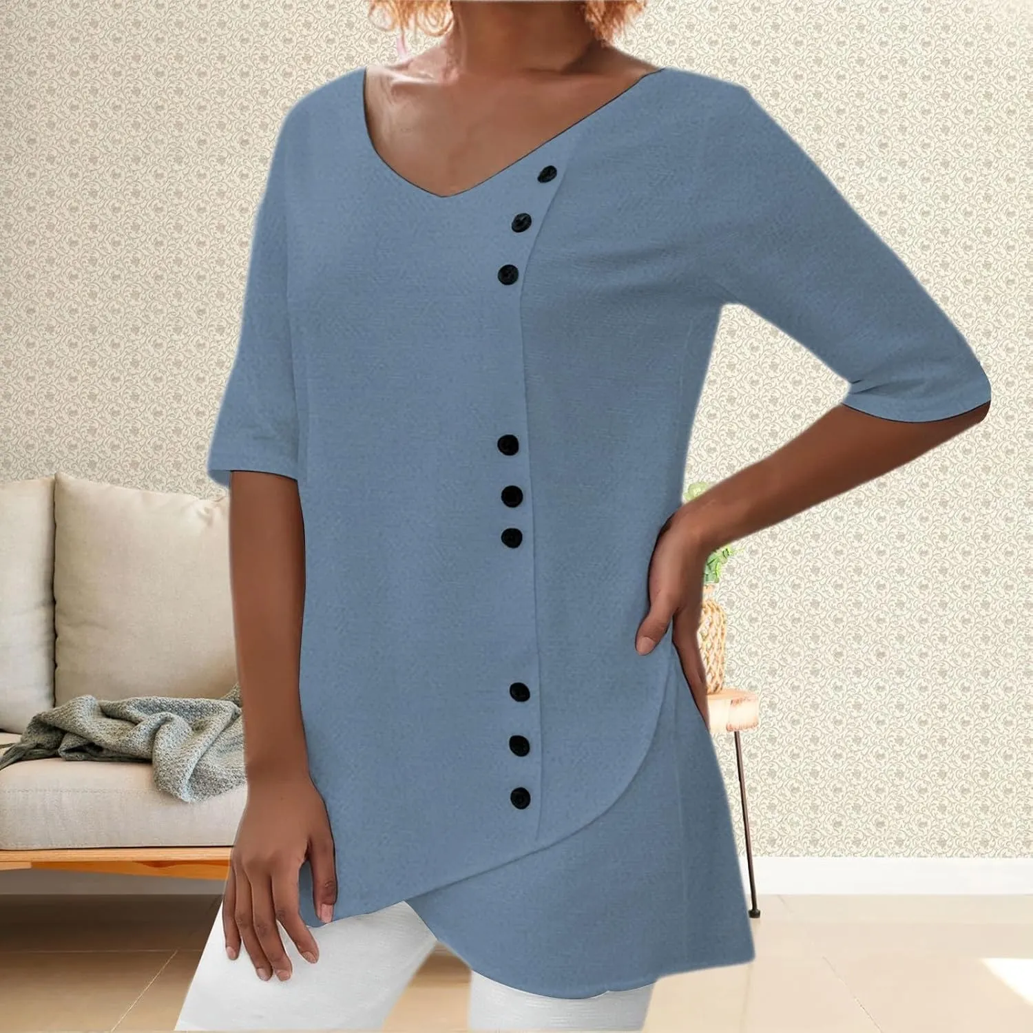 Summer Linen Shirt for Women V Neck Short Sleeve Irregular Hem Top Casual Loose Linen Blouse Tops