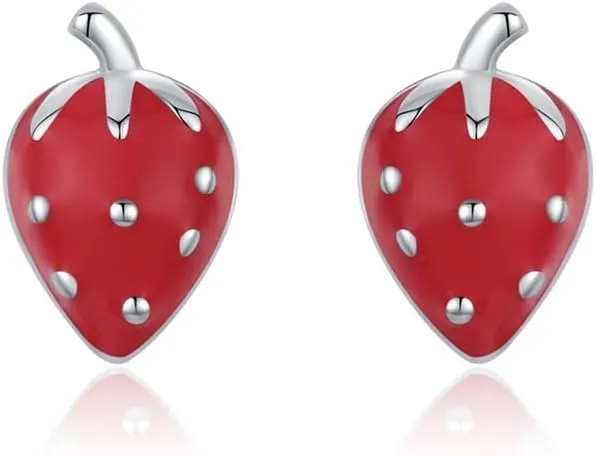 Sweet Tiny Strawberry Stud Earrings S925 Sterling Silver Earrings Cartoon Fruit Small Studs Cartilage Earrings Dainty Lightweight Jewelry for Women