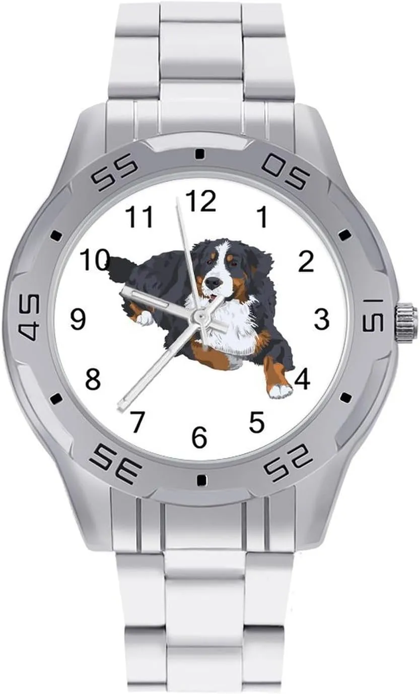Swiss Bernese Mountain Dog Stainless Steel Metal Strap Simple Business Watches for Men Easy Reader Work Casual Watch