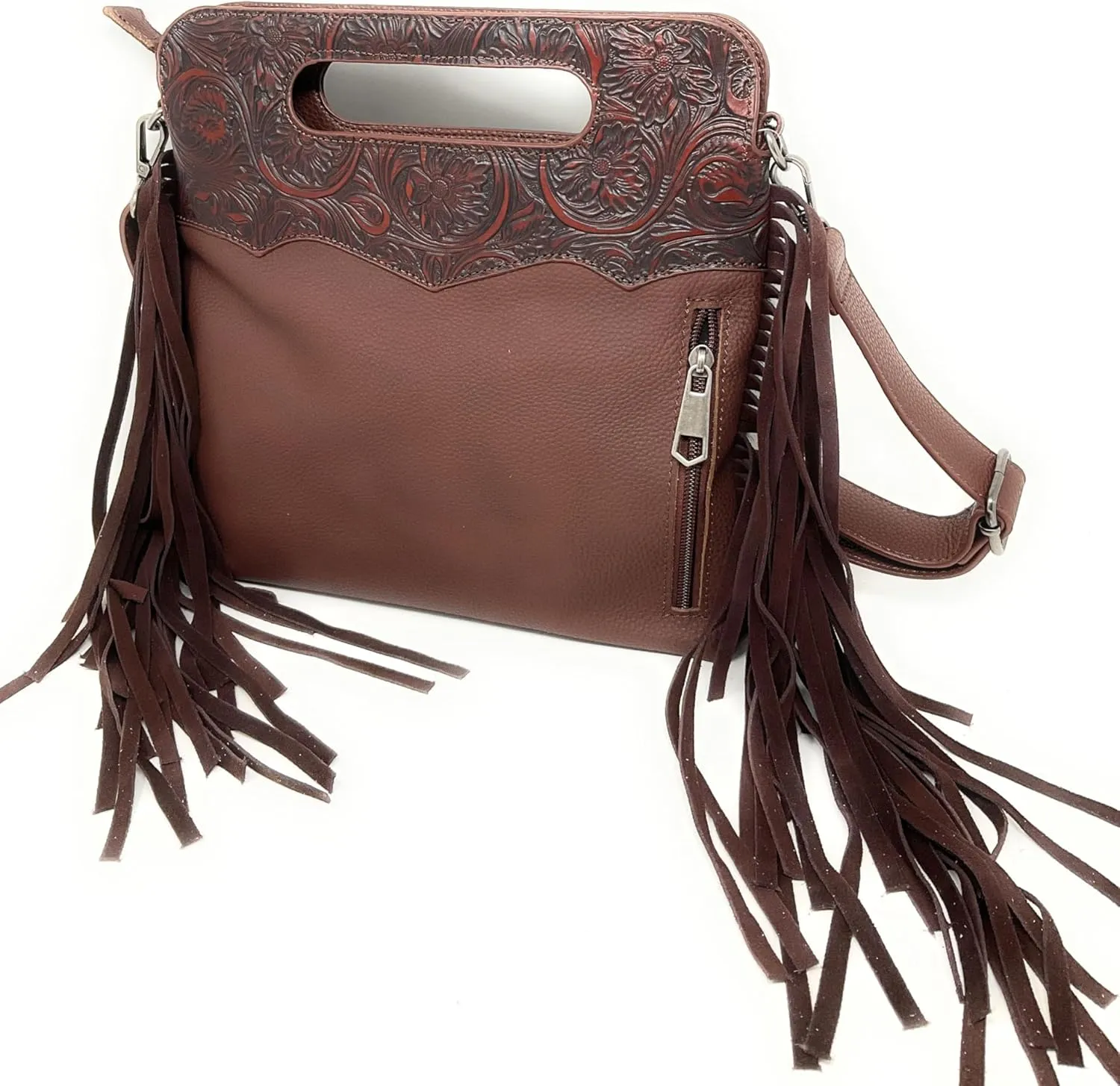 Texas West Handcrafted Genuine Leather Western Cowhide Womens Fringe Clutch Crossbody Bag in 2 Colors