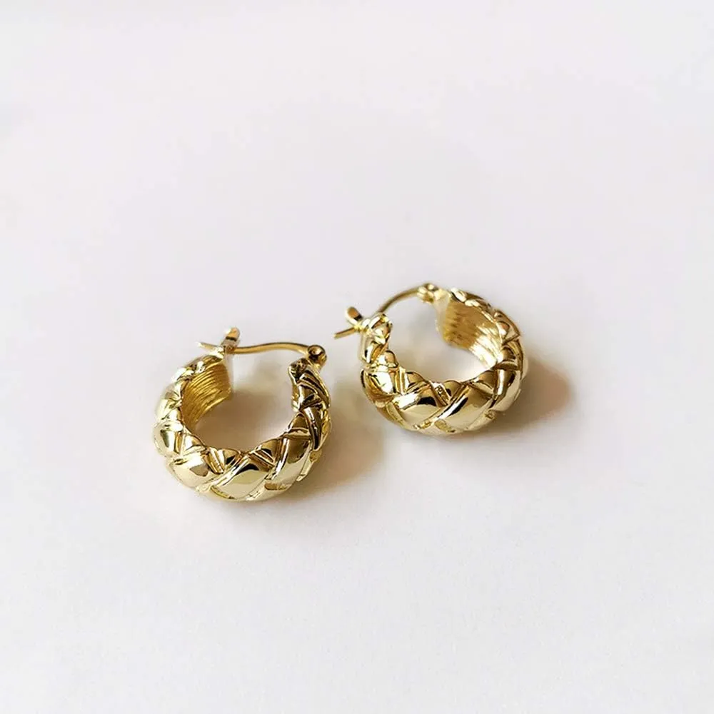 Thick Gold Hoop Twist Rhombus Texture Earrings Modern Classic Fashion for Women