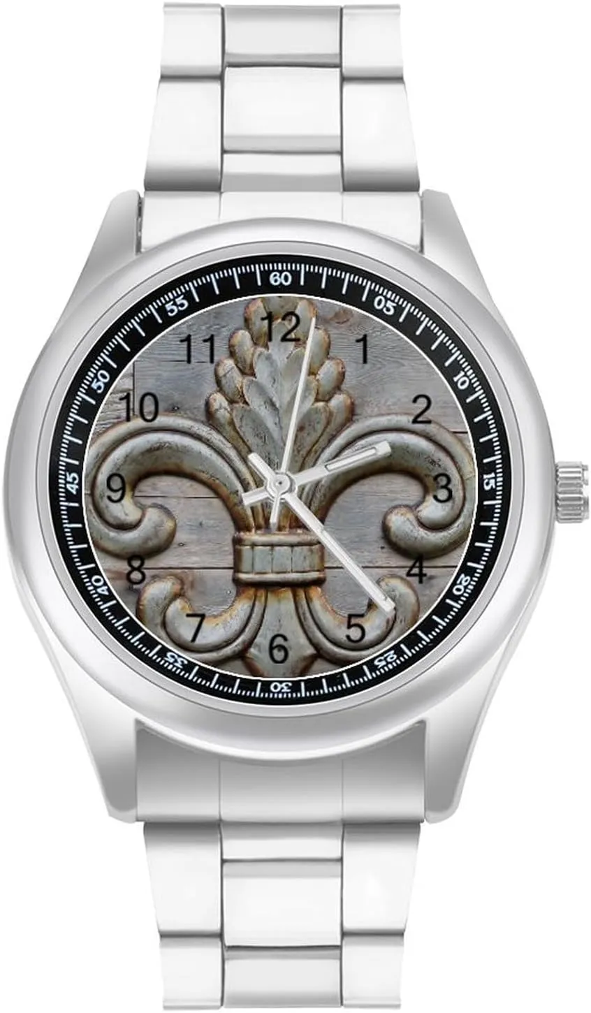 Tin Fleur-de-lis Detail Stainless Steel Strap Business Watches for Men Easy Reader Work Casual Watch