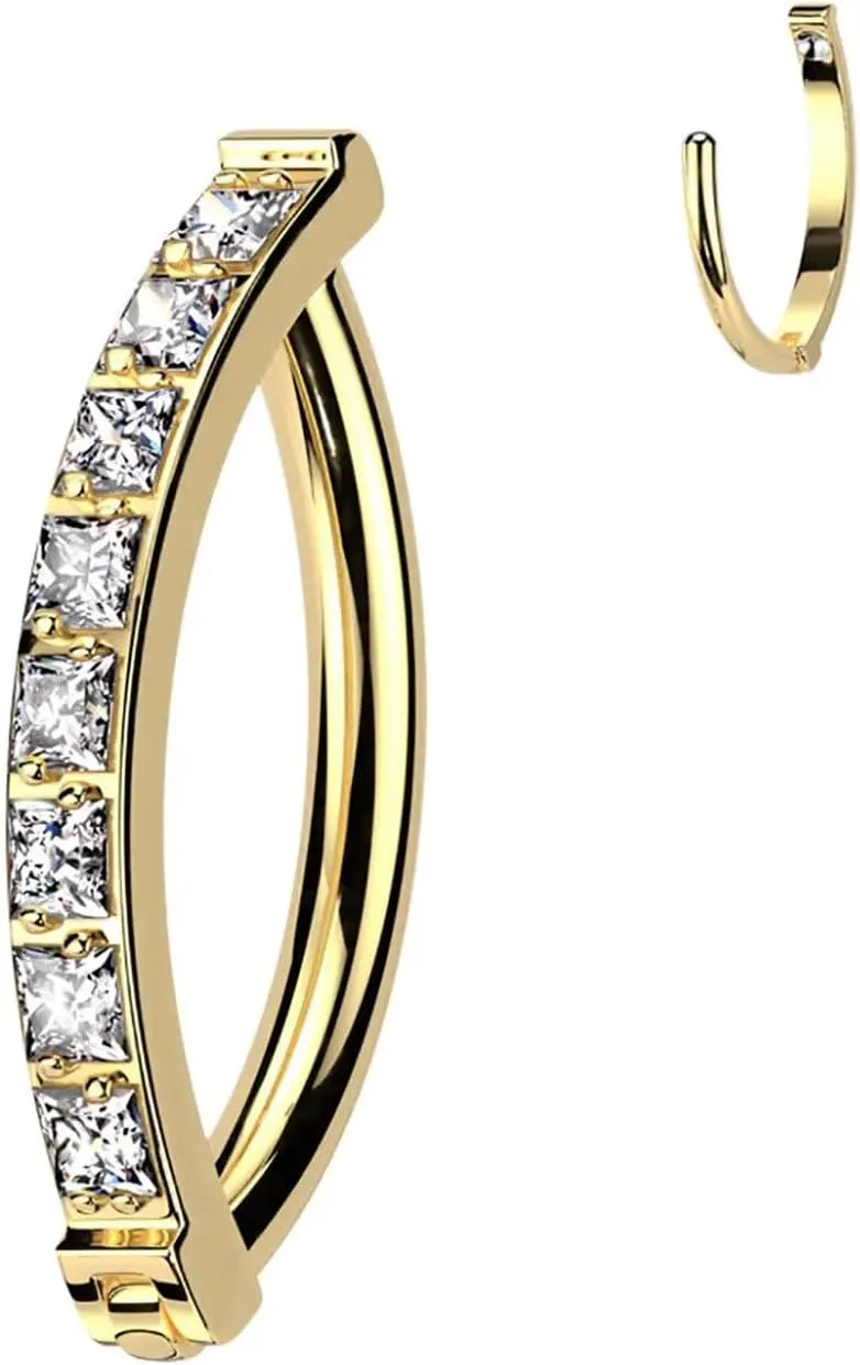 Titanium Belly Button Ring Hinged Hoop Clicker 14 Gauge & Square Gem Gold/Clear