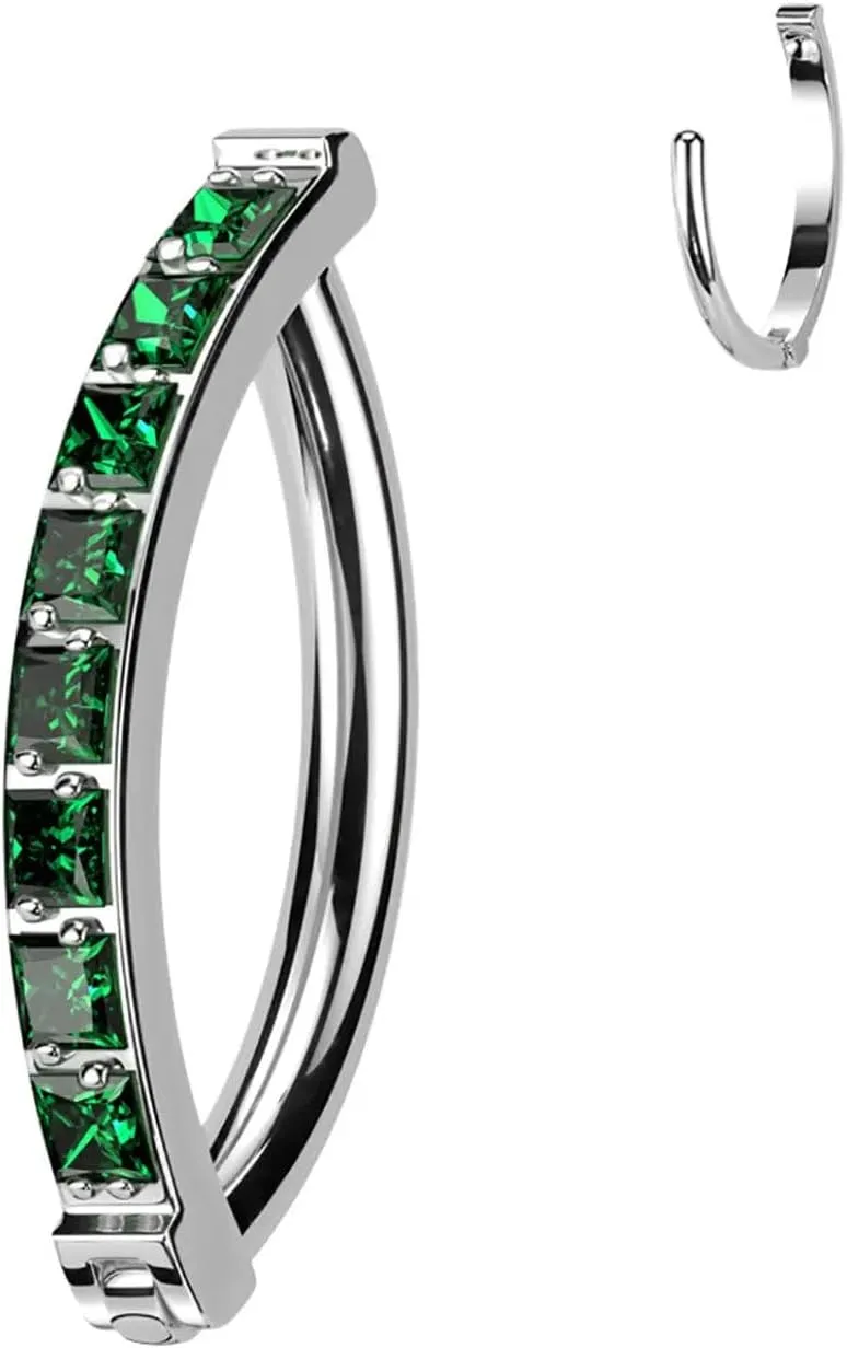 Titanium Belly Button Ring Hinged Hoop Clicker 14 Gauge & Square Gem Silver/Dark Green