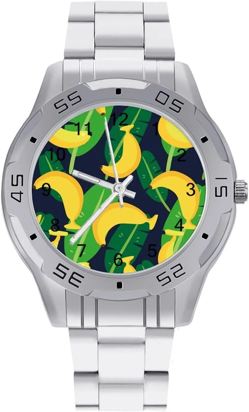 Tropical Banana Stainless Steel Metal Strap Simple Business Watches for Men Easy Reader Work Casual Watch