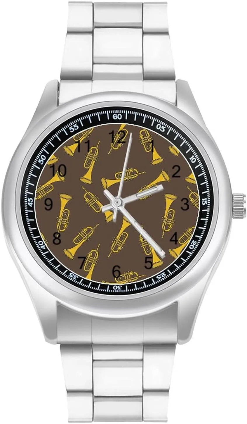 Trumpet Doodle Pattern Stainless Steel Strap Business Watches for Men Easy Reader Work Casual Watch