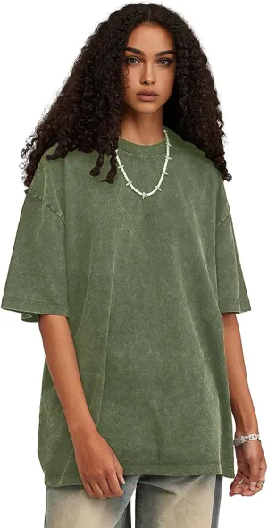Unisex Short Sleeves Retro Vintage Style T-Shirt Casual Loose Wash Solid Basic Tee Tops