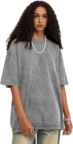 Unisex Short Sleeves Retro Vintage Style T-Shirt Casual Loose Wash Solid Basic Tee Tops