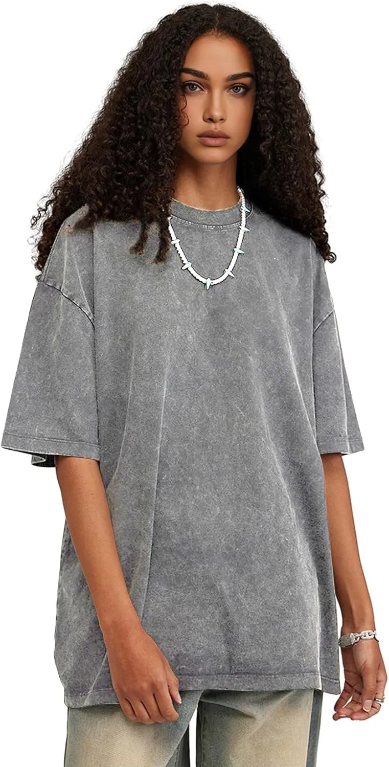 Unisex Short Sleeves Retro Vintage Style T-Shirt Casual Loose Wash Solid Basic Tee Tops