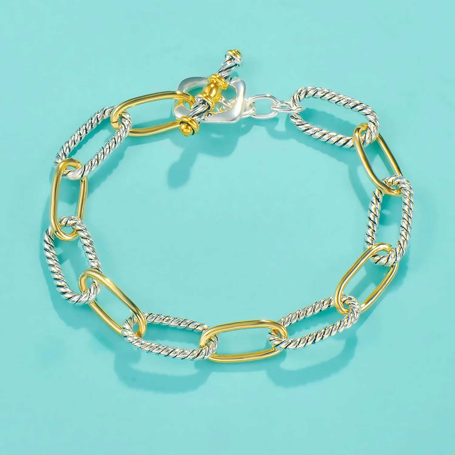 UNY JEWEL Twisted Cable Wire Link Chain Bracelet Two Tone Designer Brand Inspired Women Jewelry Valentine (2 Tone)