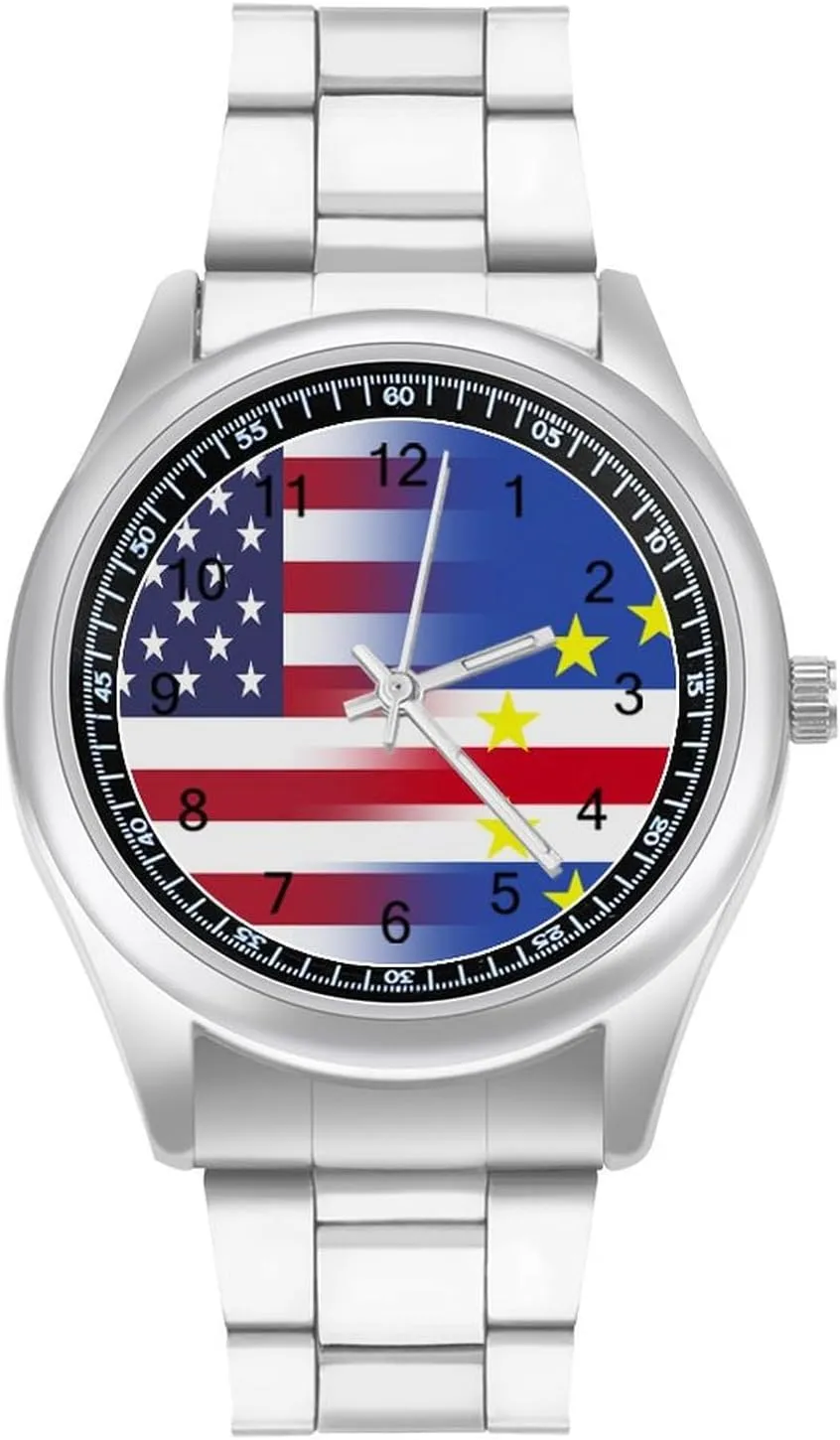 U.S.A Cape Verde Flag Stainless Steel Strap Simple Business Watches for Men Easy Reader Work Casual Watch