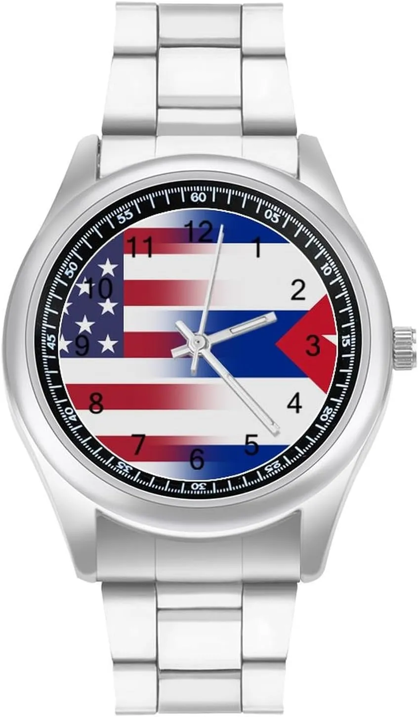U.S.A Cuba Flag Stainless Steel Strap Simple Business Watches for Men Easy Reader Work Casual Watch