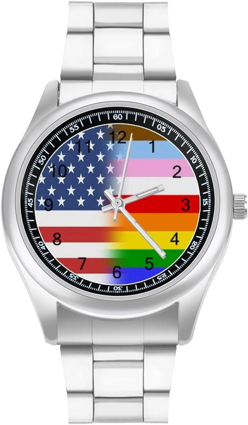 U.S.A LGBT Transgender Flag Stainless Steel Strap Simple Business Watches for Men Easy Reader Work Casual Watch