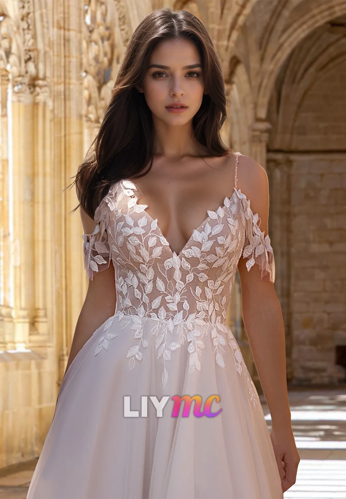 V-Neck Spaghetti Straps Appliquees Tulle A-Line Wedding Dress
