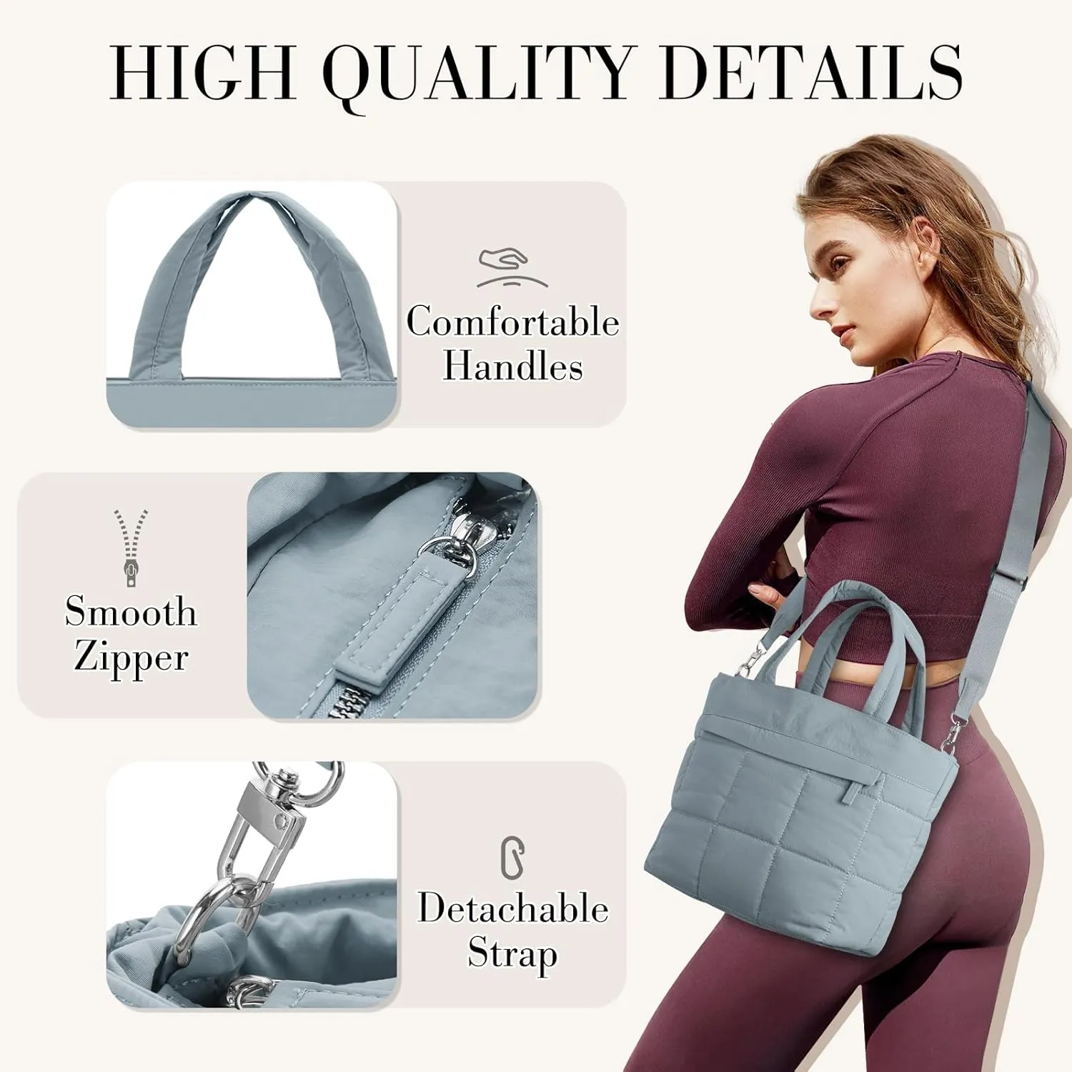 VASCHY Small Puffer Tote Bag for Women, Lightweight Mini Quilted Crossbody Cute Satchel Puffy Tote Handbag Purse for Gym