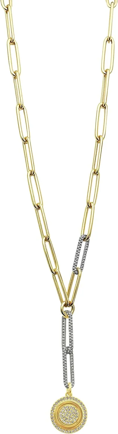 Vince Camuto Two-Tone Chain Link Crystal Glass Stone Coin Pendant Necklace