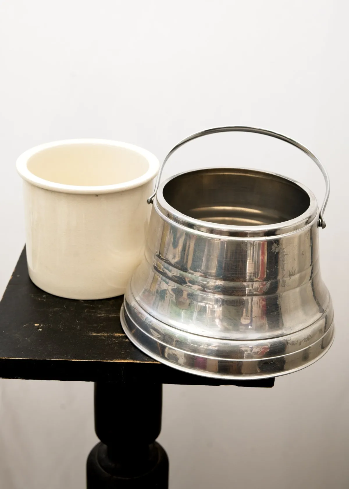 Vintage Deco Aluminium Ice Bucket • Dairy Food Picnic Cooler with Ceramic Inner Pot