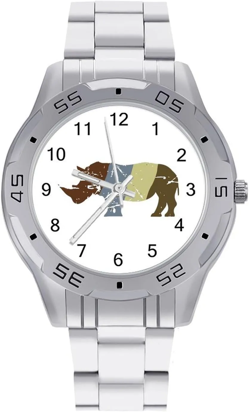 Vintage Rhino Stainless Steel Metal Strap Simple Business Watches for Men Easy Reader Work Casual Watch
