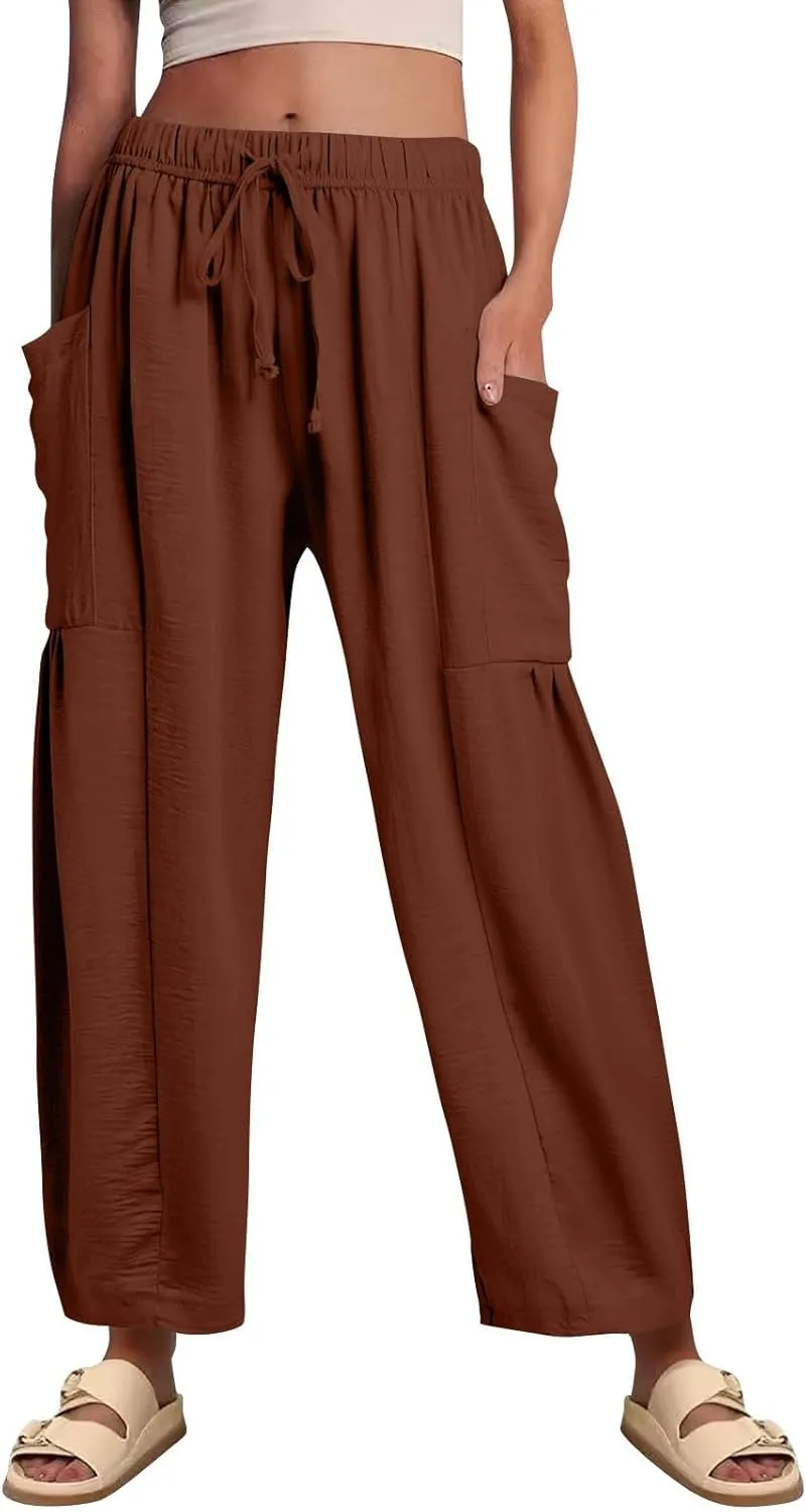 Wide Leg Harem Pants Women with Pockets Summer Casual Drawstring Plus Size Palazzo Pants 2025 Flowy Beach Cropped Pant