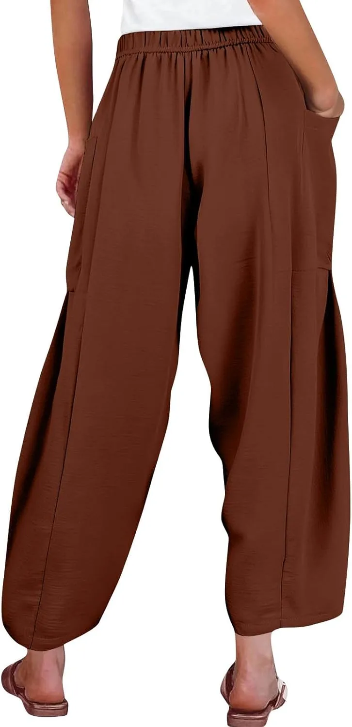 Wide Leg Harem Pants Women with Pockets Summer Casual Drawstring Plus Size Palazzo Pants 2025 Flowy Beach Cropped Pant