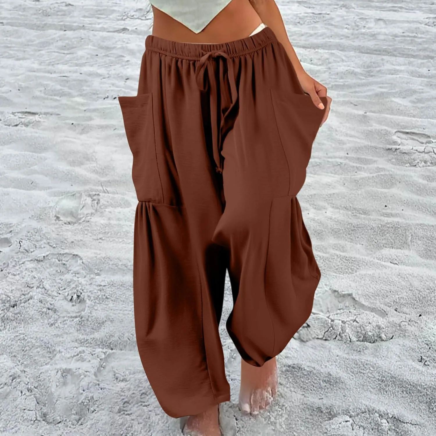 Wide Leg Harem Pants Women with Pockets Summer Casual Drawstring Plus Size Palazzo Pants 2025 Flowy Beach Cropped Pant