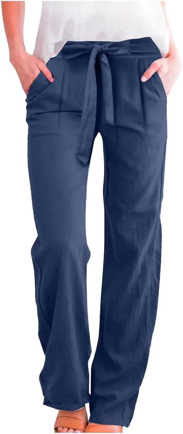 Wide Leg Linen Pants for Women Baggy High Waisted Drawstring Paperbag Pants Plus Size Palazzo Trousers with Pockets