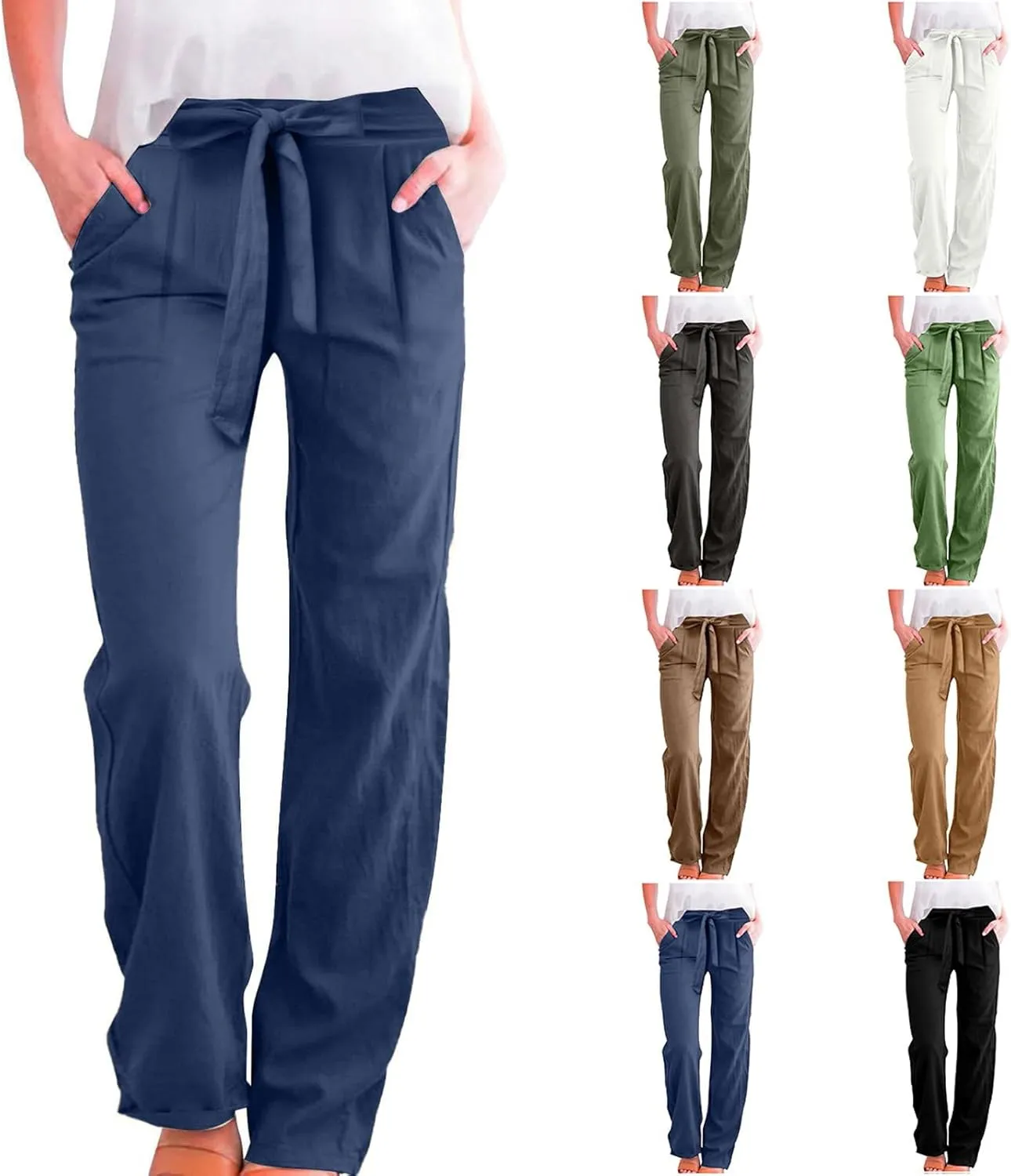Wide Leg Linen Pants for Women Baggy High Waisted Drawstring Paperbag Pants Plus Size Palazzo Trousers with Pockets