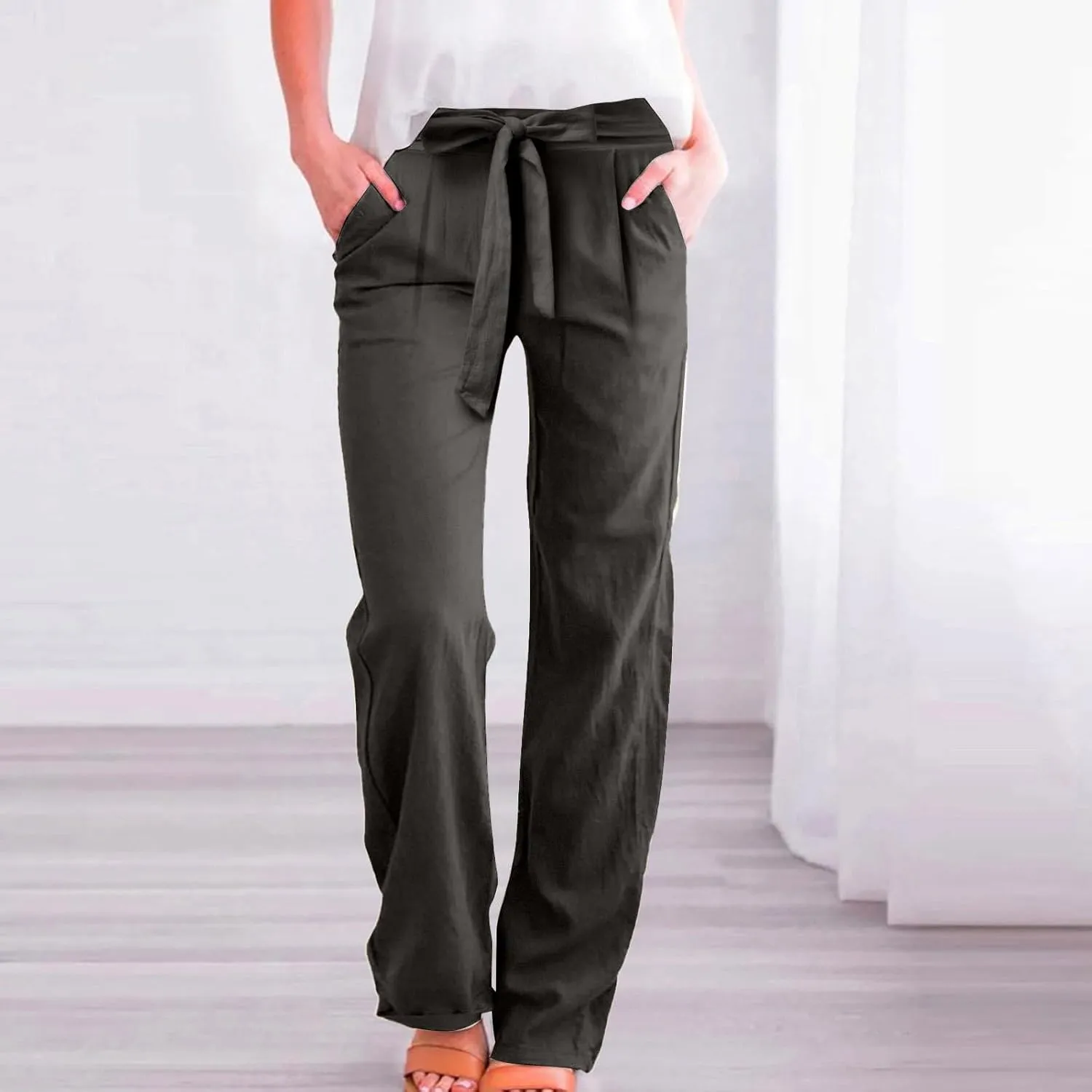 Wide Leg Linen Pants for Women Baggy High Waisted Drawstring Paperbag Pants Plus Size Palazzo Trousers with Pockets
