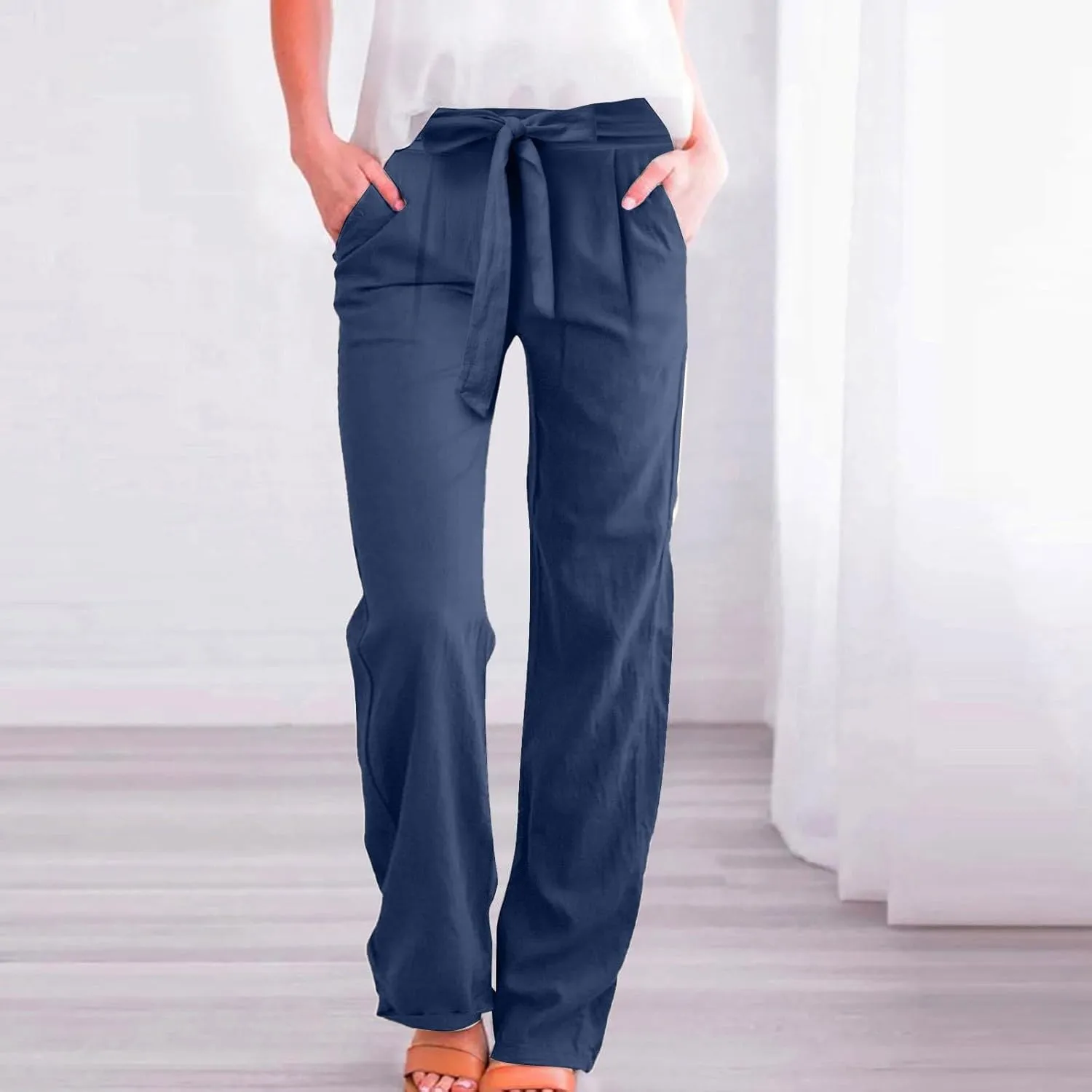 Wide Leg Linen Pants for Women Baggy High Waisted Drawstring Paperbag Pants Plus Size Palazzo Trousers with Pockets