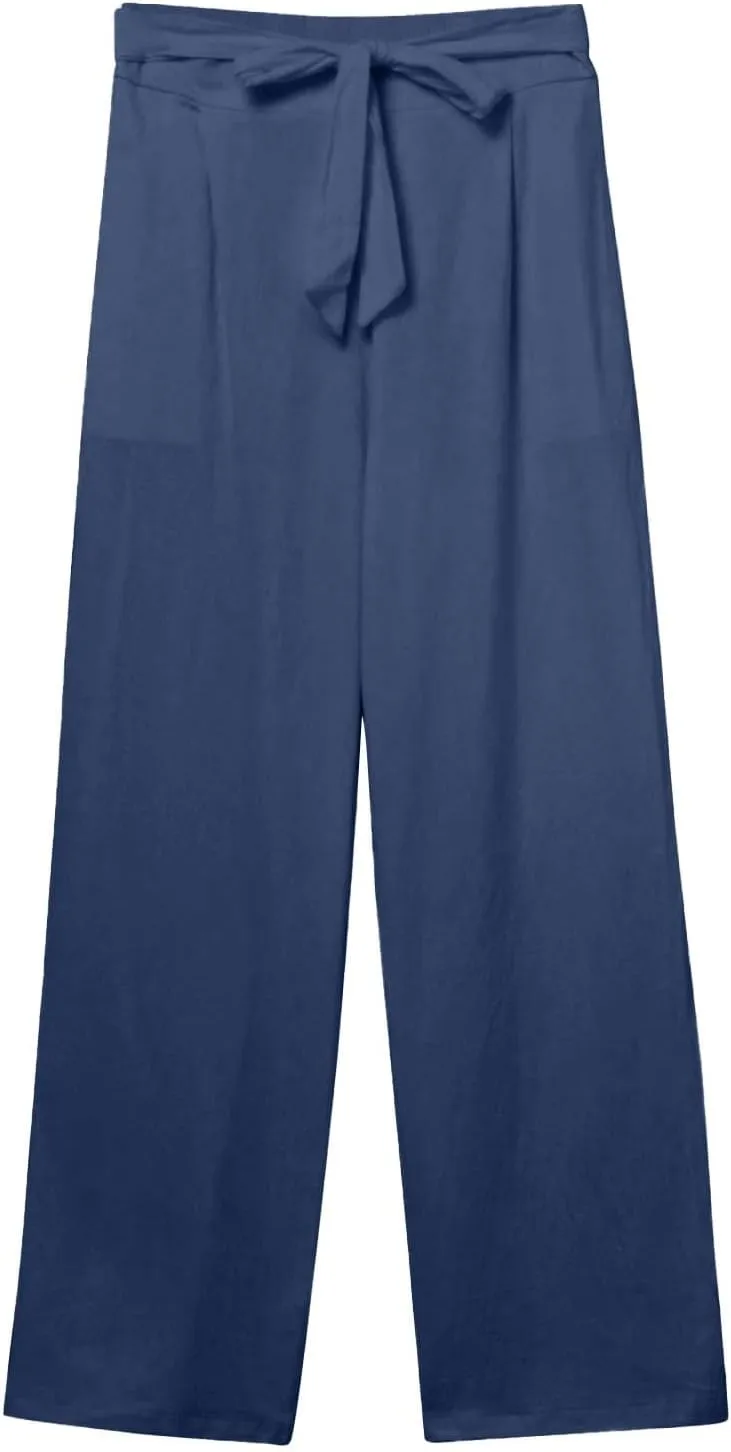 Wide Leg Linen Pants for Women Baggy High Waisted Drawstring Paperbag Pants Plus Size Palazzo Trousers with Pockets