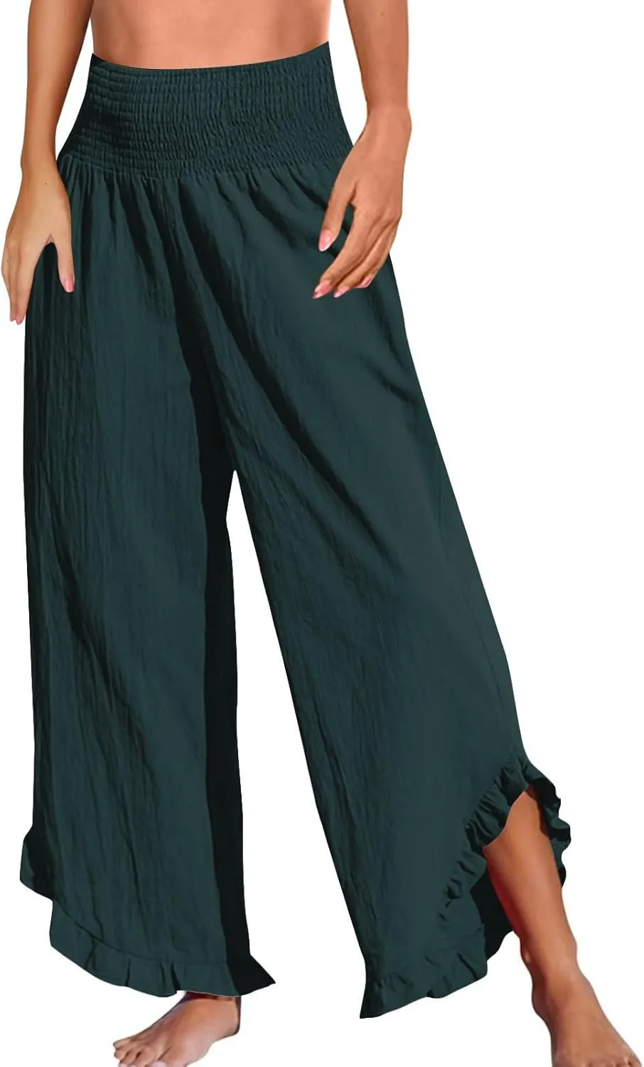 Wide Leg Linen Pants for Women Plus Szie Smocked High Waisted Ruffle Lounge Pants Gauze Summer Pants for Women 2025