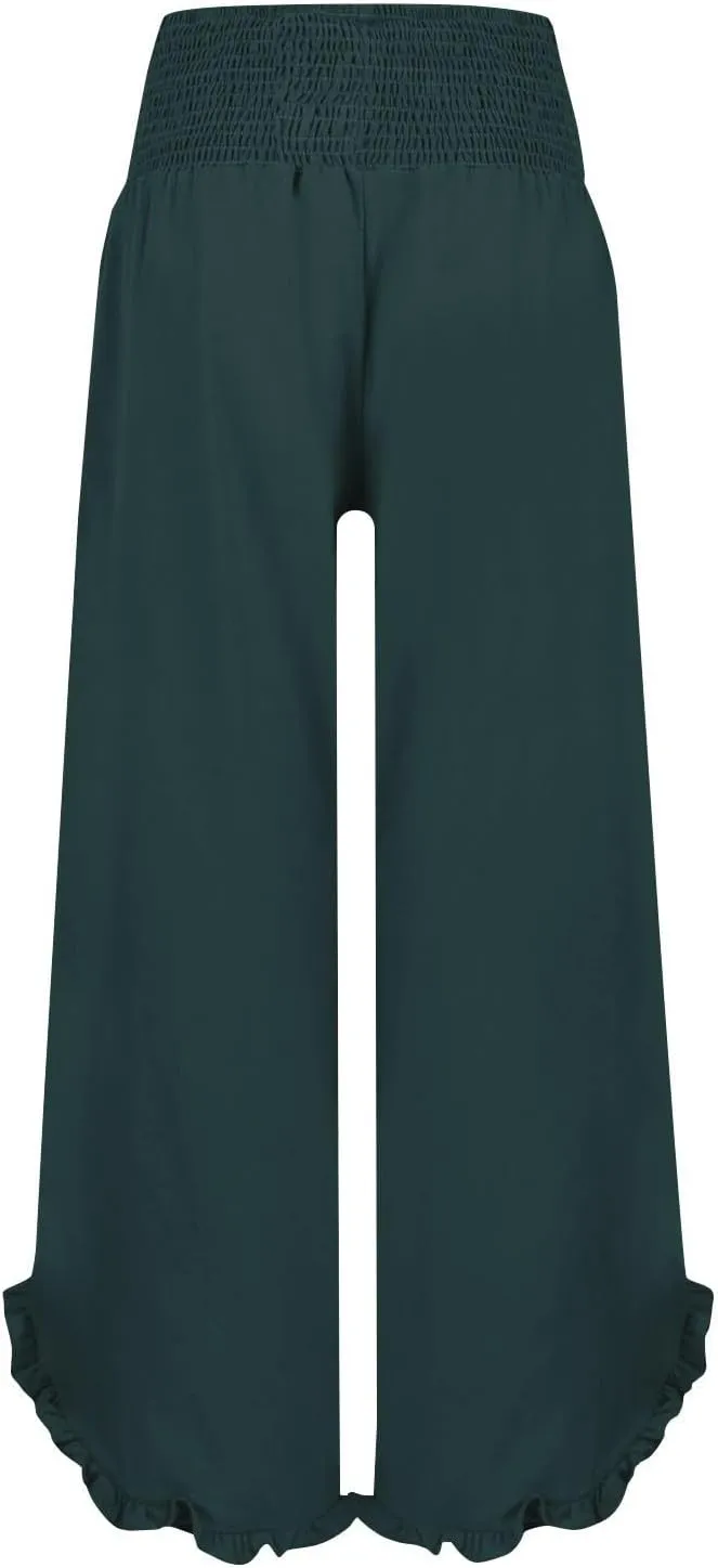 Wide Leg Linen Pants for Women Plus Szie Smocked High Waisted Ruffle Lounge Pants Gauze Summer Pants for Women 2025