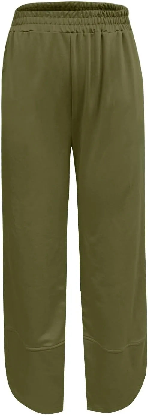 Wide Leg Linen Pants for Women Y2k Cropped Tulip Hem Beach Palazzo Pants Elastic Waist Barrel Sweatpants with Pockets