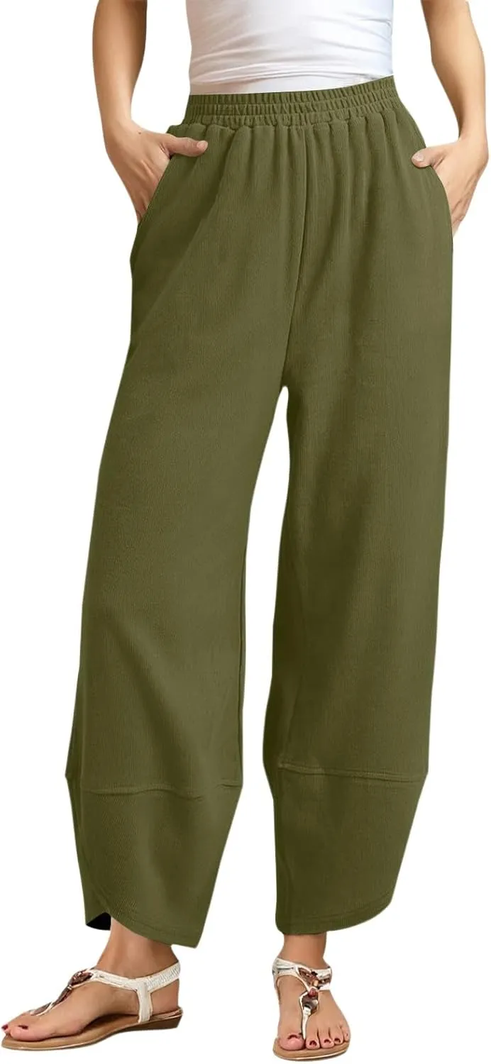 Wide Leg Linen Pants for Women Y2k Cropped Tulip Hem Beach Palazzo Pants Elastic Waist Barrel Sweatpants with Pockets