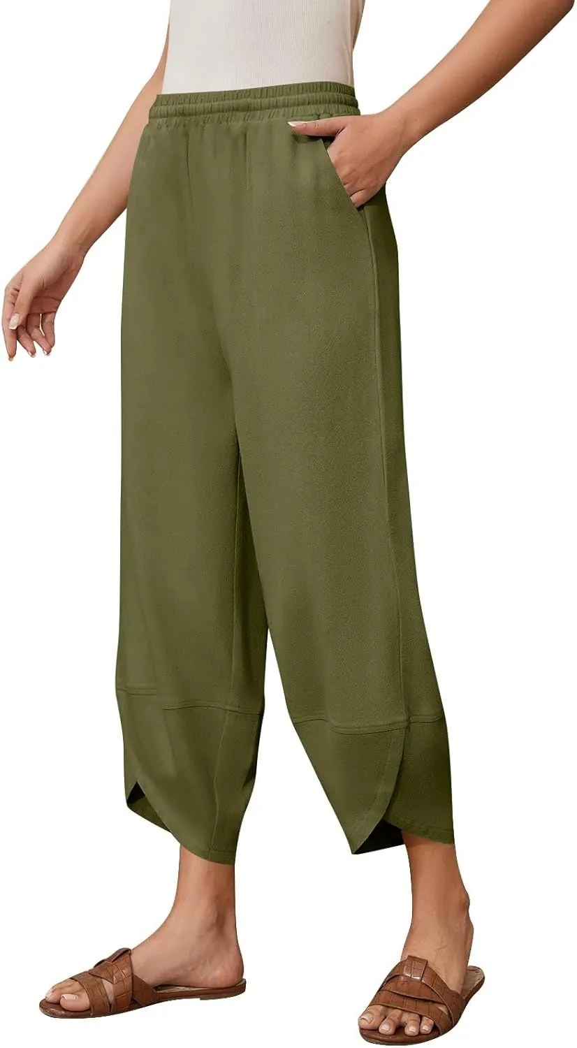 Wide Leg Linen Pants for Women Y2k Cropped Tulip Hem Beach Palazzo Pants Elastic Waist Barrel Sweatpants with Pockets