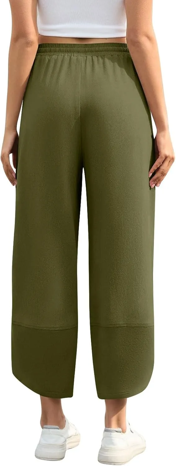 Wide Leg Linen Pants for Women Y2k Cropped Tulip Hem Beach Palazzo Pants Elastic Waist Barrel Sweatpants with Pockets