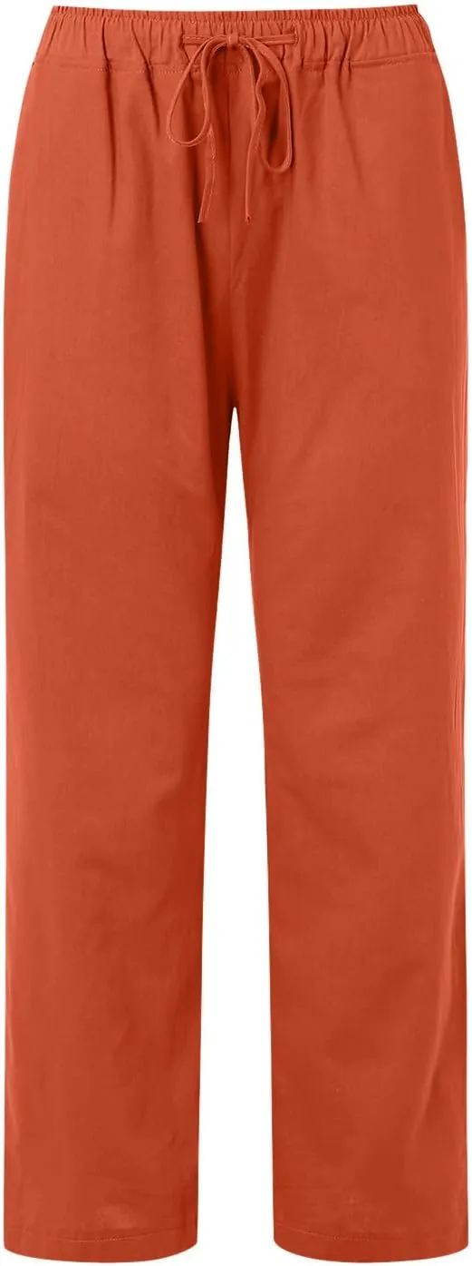 Wide Leg Linen Pants Women Loose Fit High Waist Summer Cotton Linen Pant with Pocket Drawstring Casual Lounge Trousers