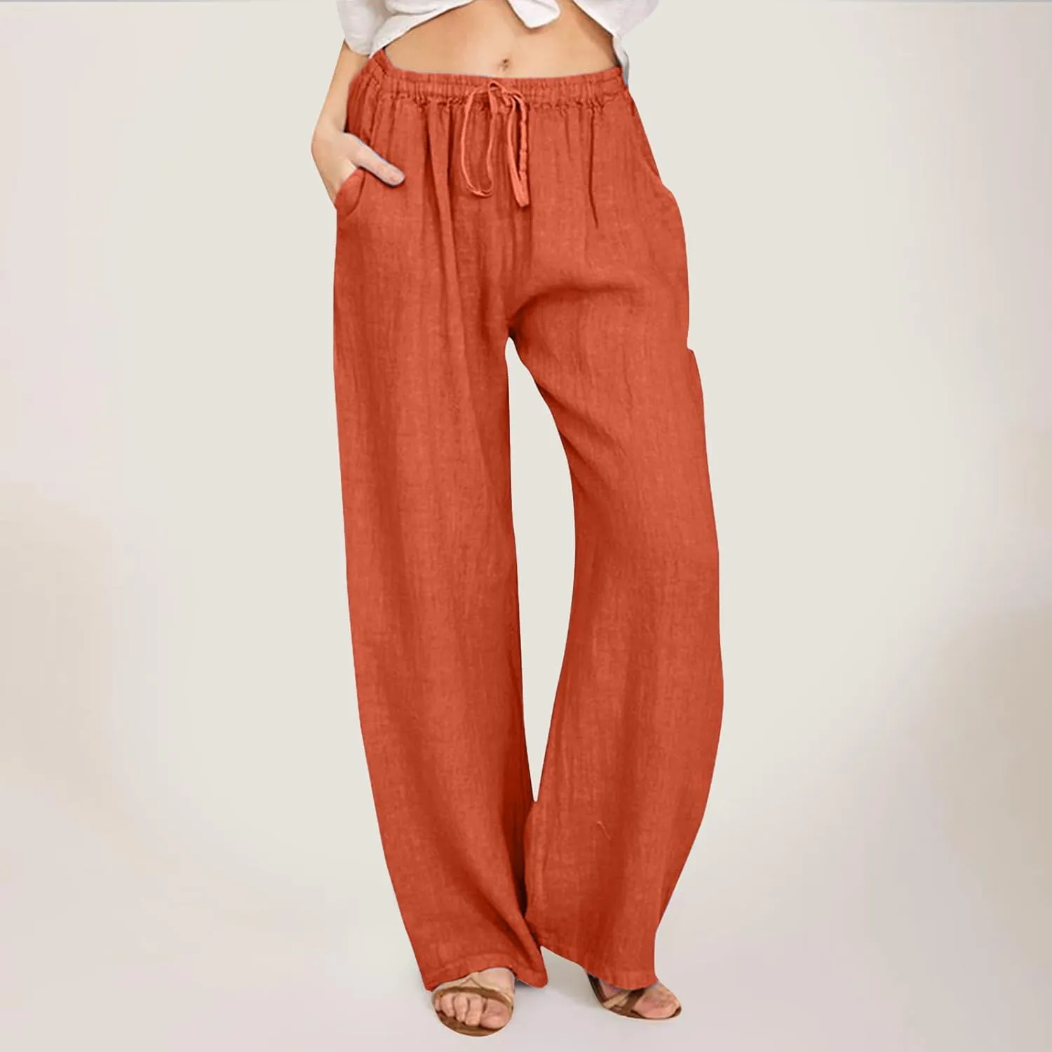 Wide Leg Linen Pants Women Loose Fit High Waist Summer Cotton Linen Pant with Pocket Drawstring Casual Lounge Trousers