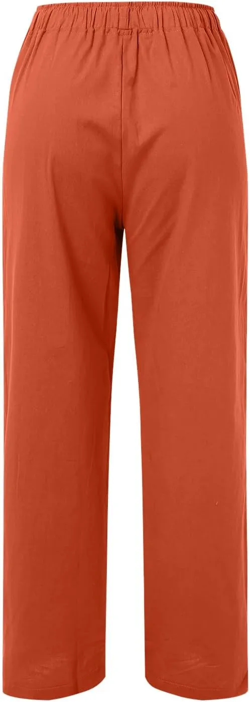 Wide Leg Linen Pants Women Loose Fit High Waist Summer Cotton Linen Pant with Pocket Drawstring Casual Lounge Trousers