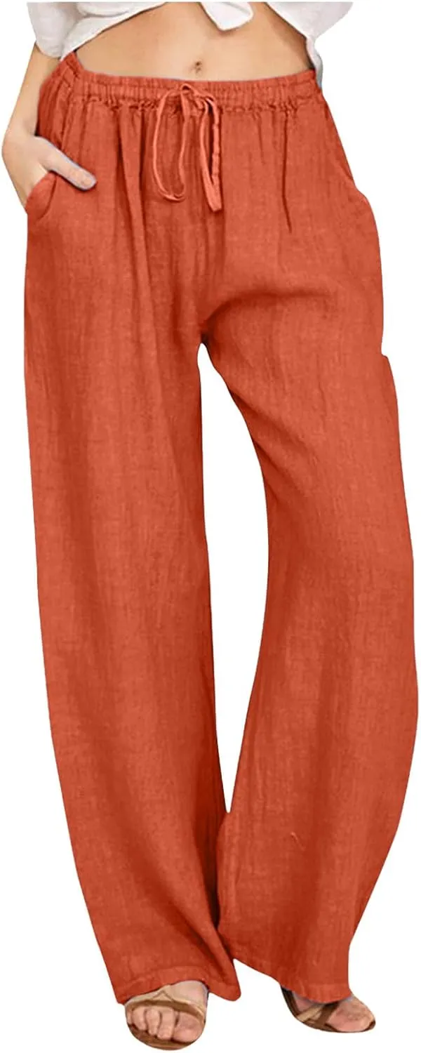 Wide Leg Linen Pants Women Loose Fit High Waist Summer Cotton Linen Pant with Pocket Drawstring Casual Lounge Trousers