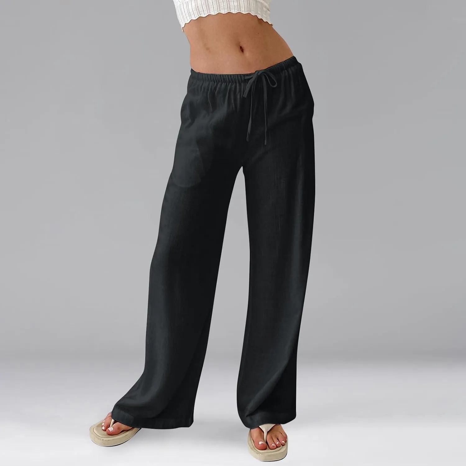 Wide Leg Palazzo Pants for Women Linen Pants Drawstring High Waist Summer Pant Slack Casual Trousers with Pockets