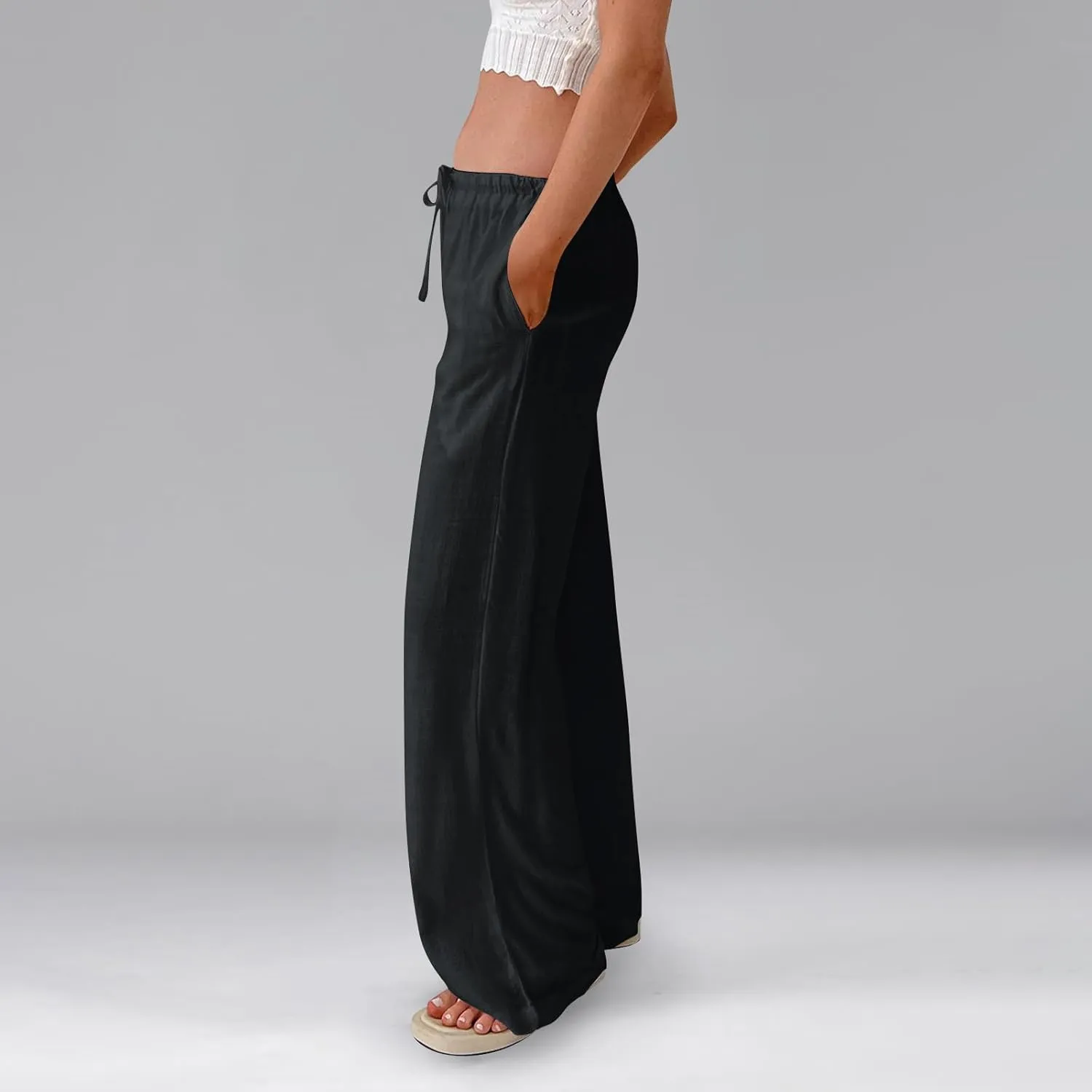 Wide Leg Palazzo Pants for Women Linen Pants Drawstring High Waist Summer Pant Slack Casual Trousers with Pockets