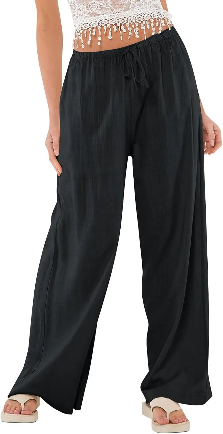 Wide Leg Palazzo Pants for Women Linen Pants Drawstring High Waist Summer Pant Slack Casual Trousers with Pockets