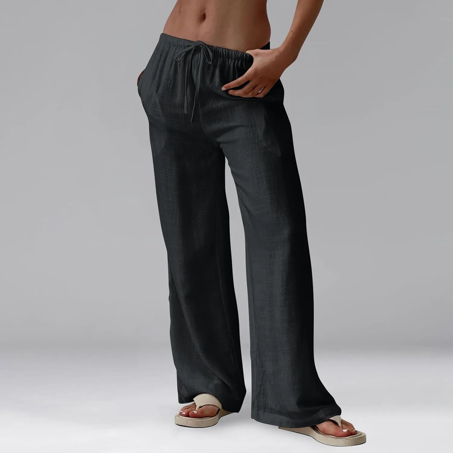 Wide Leg Palazzo Pants for Women Linen Pants Drawstring High Waist Summer Pant Slack Casual Trousers with Pockets